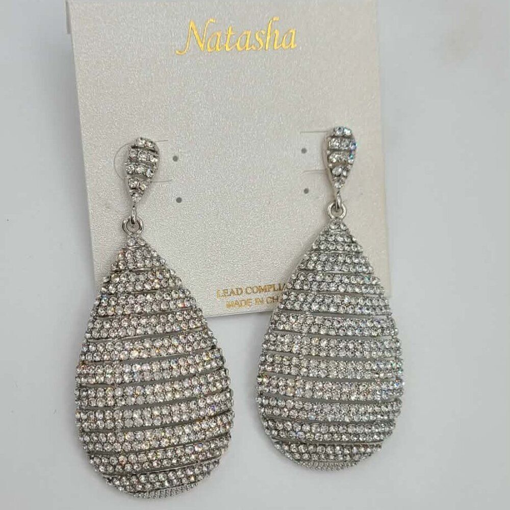 Natasha Large Long Silver Tone Crystal Earrings NWT!